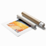 Impressionist floral art by Van Gogh on a rolled canvas, featuring vibrant blue and yellow tones.