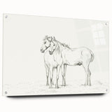 Fine Art Realism Sketch - Two Horses Standing Together Art Print Canvas