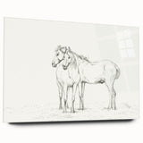 Fine Art Realism Sketch - Two Horses Standing Together Art Print Canvas