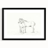 Fine Art Realism Sketch - Two Horses Standing Together Art Print Canvas