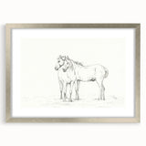 Fine Art Realism Sketch - Two Horses Standing Together Art Print Canvas