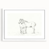 Fine Art Realism Sketch - Two Horses Standing Together Art Print Canvas