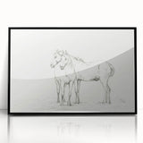 Fine Art Realism Sketch - Two Horses Standing Together Art Print Canvas