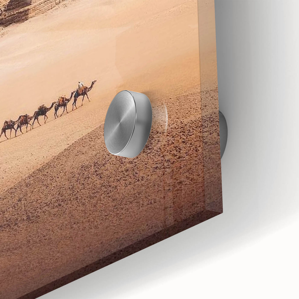Large abstract depiction of an Egyptian landscape in muted earth tones on acrylic glass, suitable for dining room art.