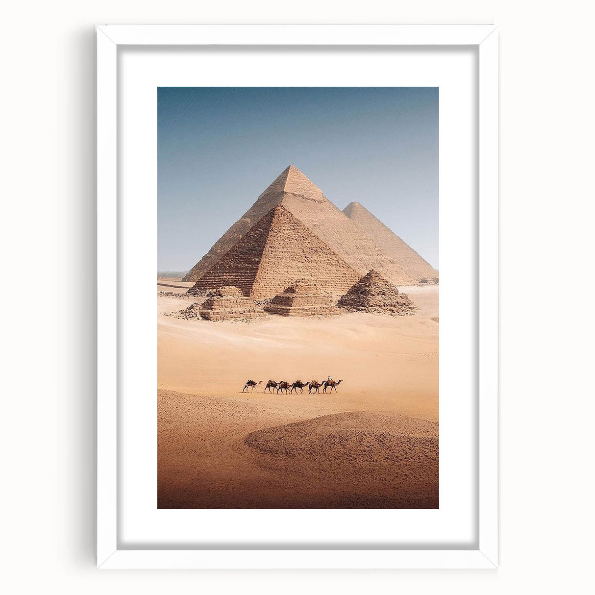 Extra large abstract art print depicting textured Egyptian scenery in earth tones on a framed white mat.