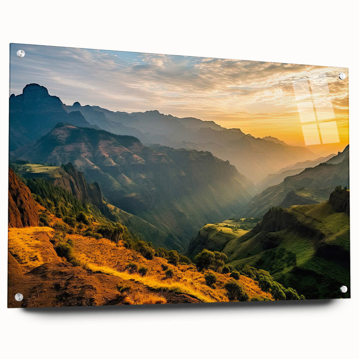 Acrylic print of an Ethiopian landscape in muted earth tones, ideal for dining room art.