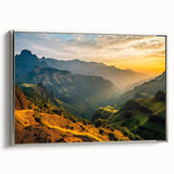 Vintage poster art of an Ethiopian landscape on a framed canvas, featuring a black and colorful palette.