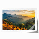 Ethiopian landscape on rolled canvas featuring muted earth tones and floral elements, suitable for dining room or bathroom.