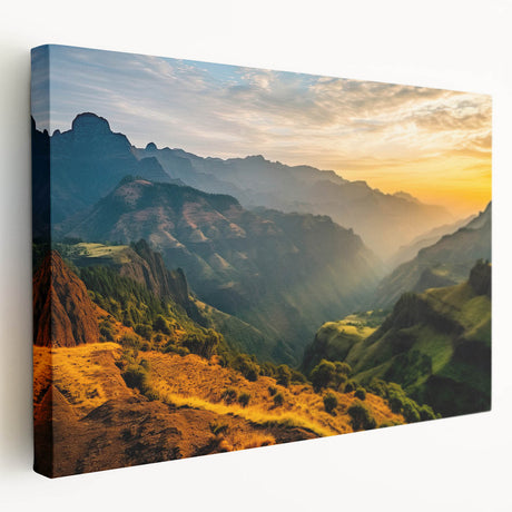 Side view of a large stretched canvas depicting a vibrant Ethiopian landscape, ideal for kitchen wall art.
