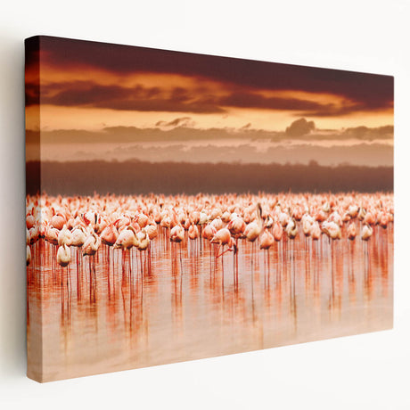 Large canvas print of a Kenyan landscape featuring acacia trees and a sunset in warm orange and red tones.