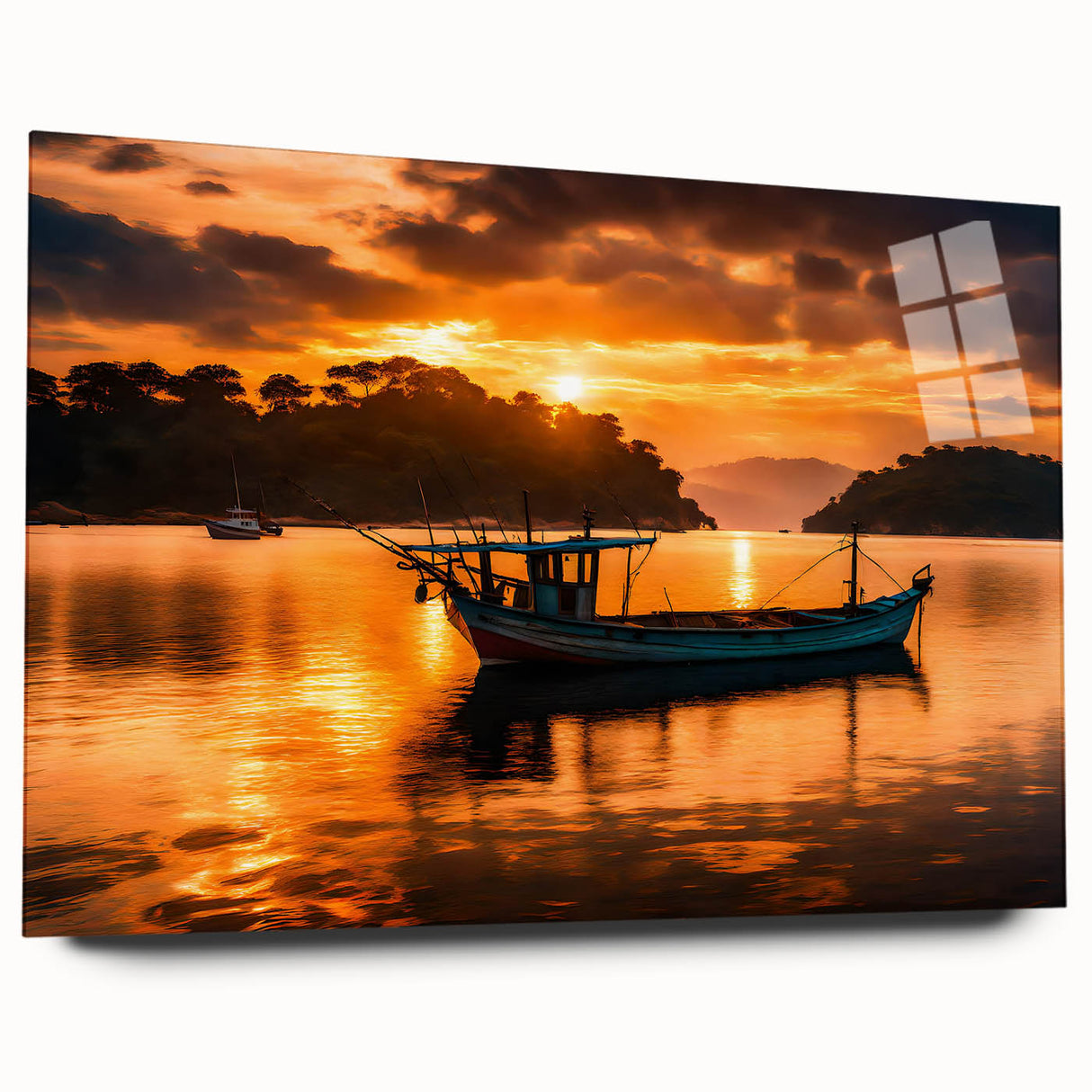 Acrylic glass print of a serene Mauritius landscape in soothing blue and green tones, ideal for bedroom or dining room decor.