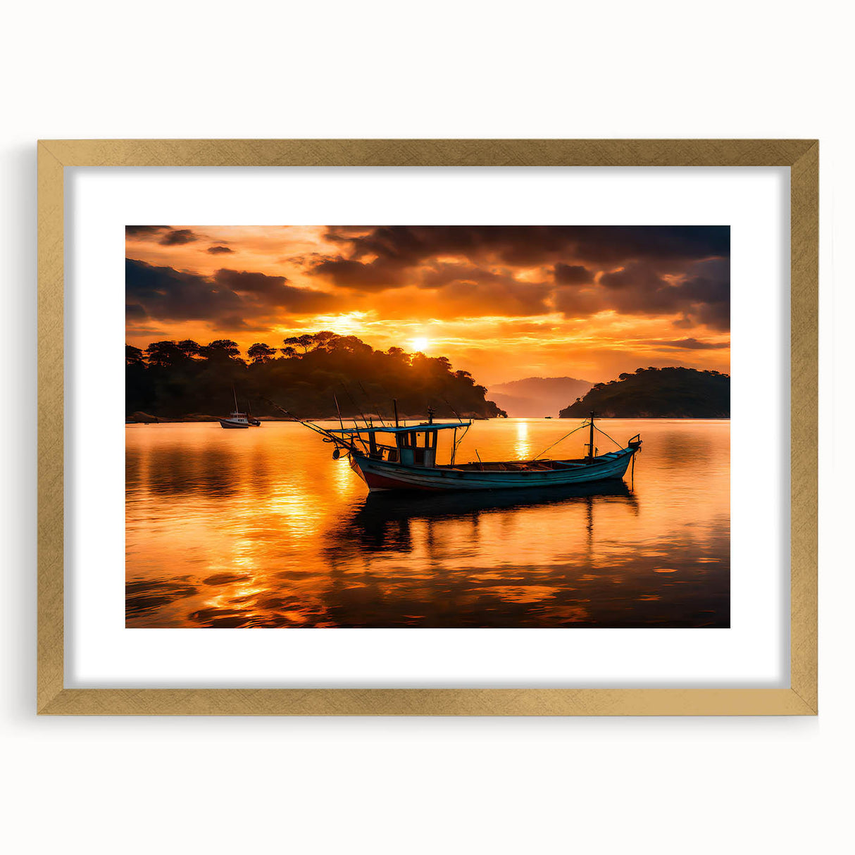 Textured abstract art print of a Mauritius landscape in gold frame, with earthy tones, ideal for bedroom art.