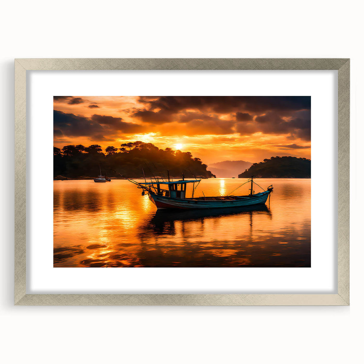 Abstract art print of Mauritian scenery in muted earth tones on a framed canvas, suitable for dining room decor.