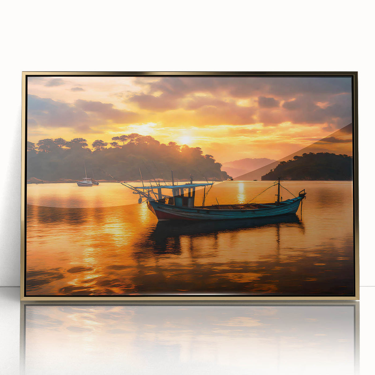 Mid-century modernist art depicting a serene Mauritius landscape in acrylic on a gold-framed canvas.