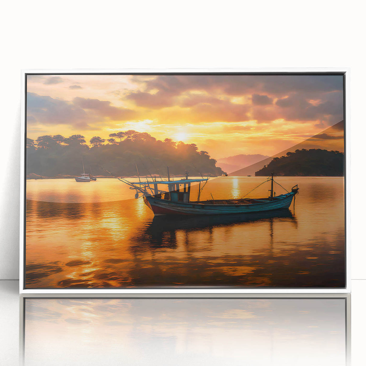 Framed acrylic print of a serene Mauritius landscape in muted earth tones, ideal for modern art wall decor.