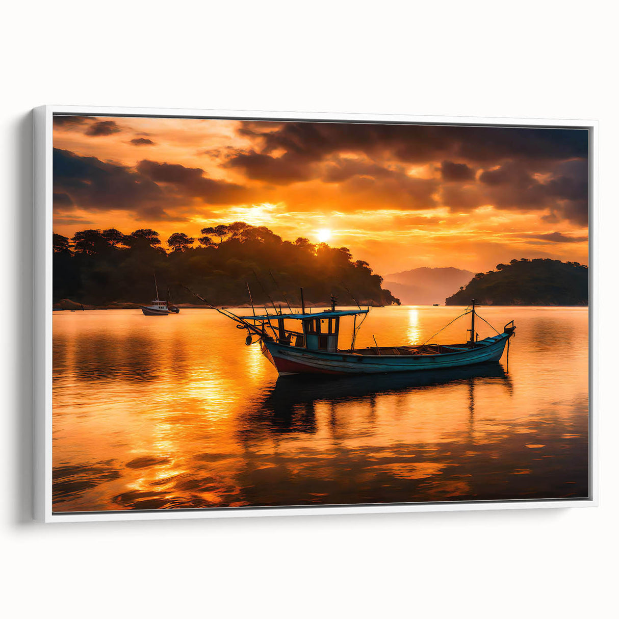 Landscape art painting of Mauritius on white-framed canvas, featuring muted earth tones, ideal for bedroom decor.