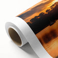 Art deco poster of a serene Mauritius landscape on rolled canvas, in soft blue and green tones, ideal for nursery wall art.