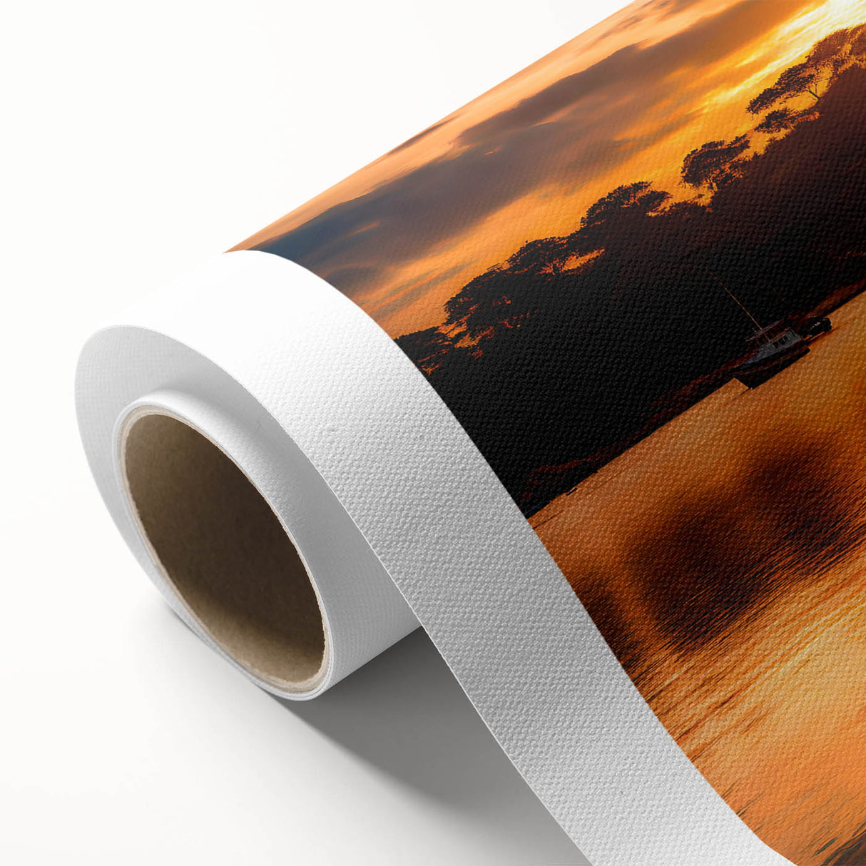 Art deco poster of a serene Mauritius landscape on rolled canvas, in soft blue and green tones, ideal for nursery wall art.