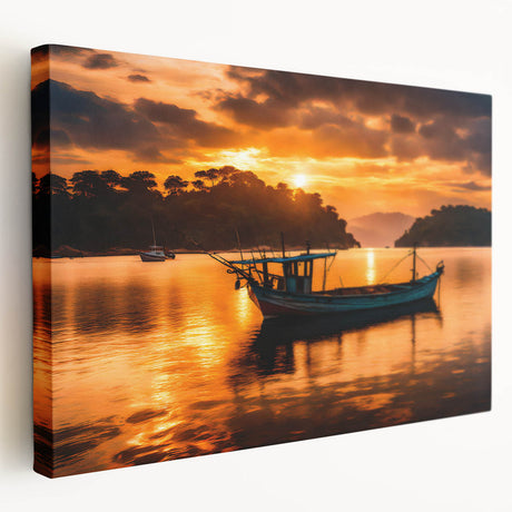 A stretched canvas featuring a realistic landscape of Mauritius with lush greenery and a calm sea.