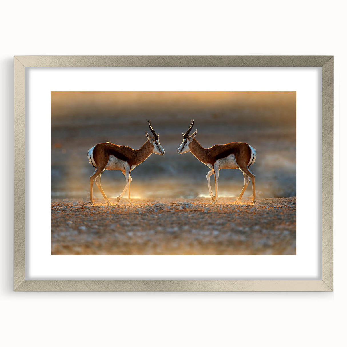 Abstract art print depicting a Namibian landscape in muted earth tones, framed in silver.