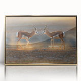 Mid-century modernist art depicting a Namibian landscape in gold and earth tones on framed acrylic.
