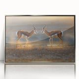 Acrylic print of a Namibian landscape in muted earth tones, framed in silver, suitable as modern art wall decor.