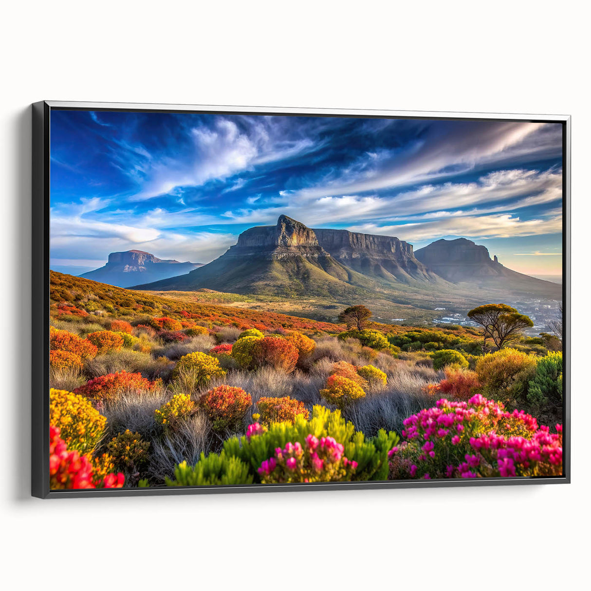 Black and white framed canvas depicting a vintage-style South African landscape, ideal for bedroom wall decor.
