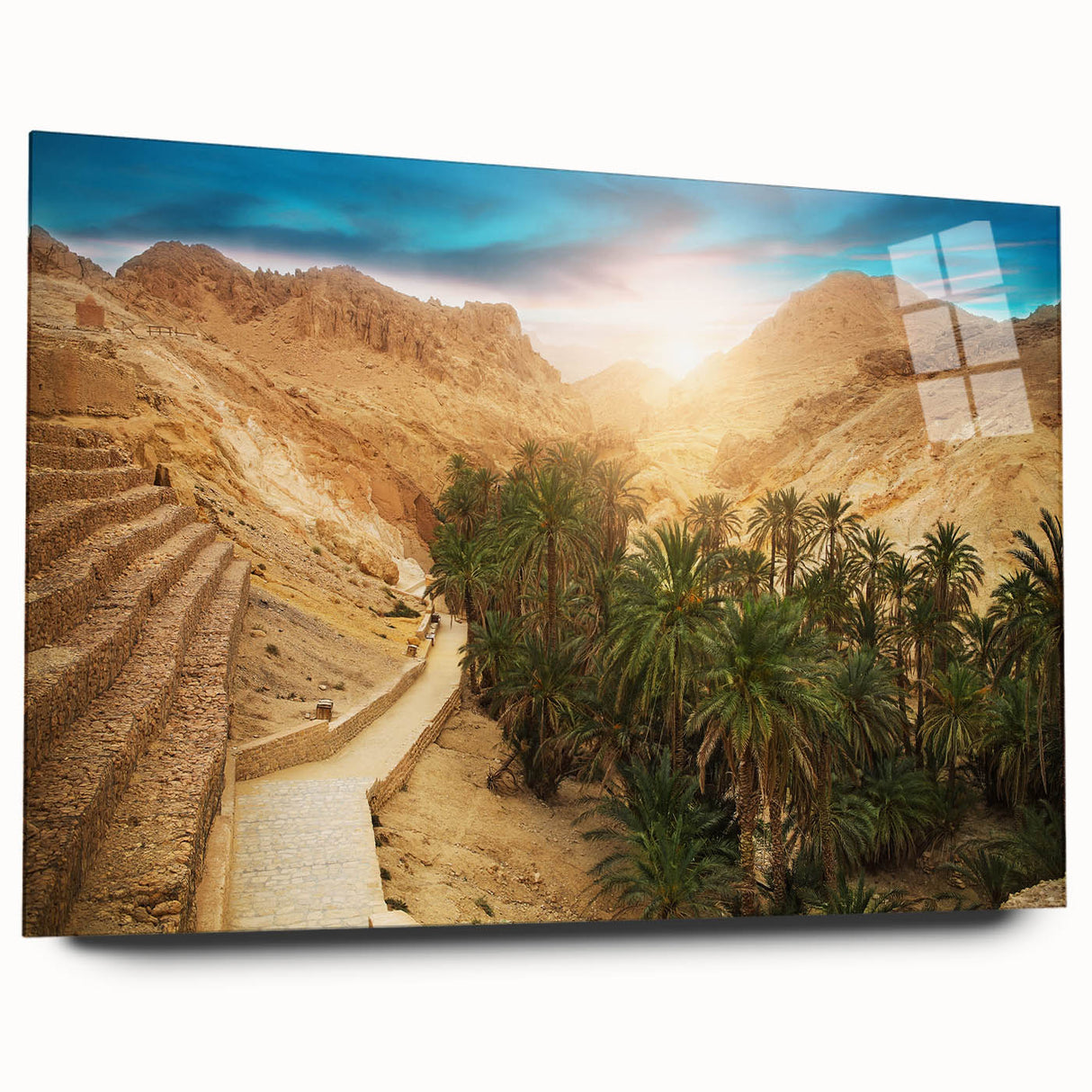 Large abstract wall art depicting a Tunisian landscape in muted earth tones on acrylic glass.