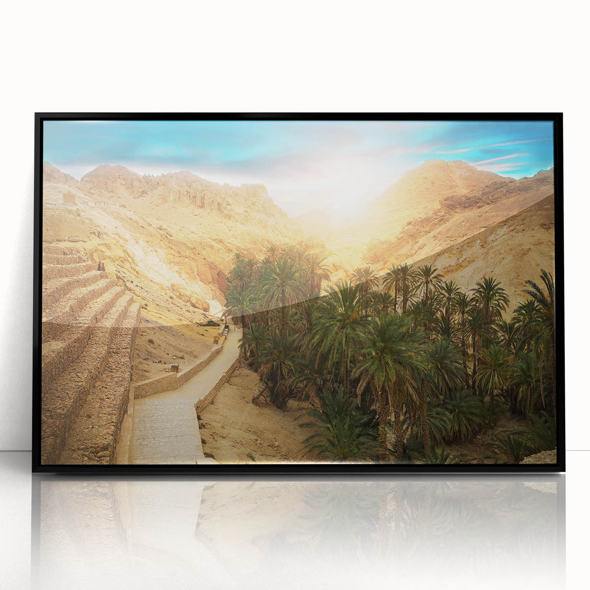 Large abstract wall art featuring a Tunisian landscape in muted earth tones on a framed acrylic.