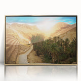 Large art print of a Tunisian landscape in gold and earth tones on acrylic, framed, in a mid-century modernist style.