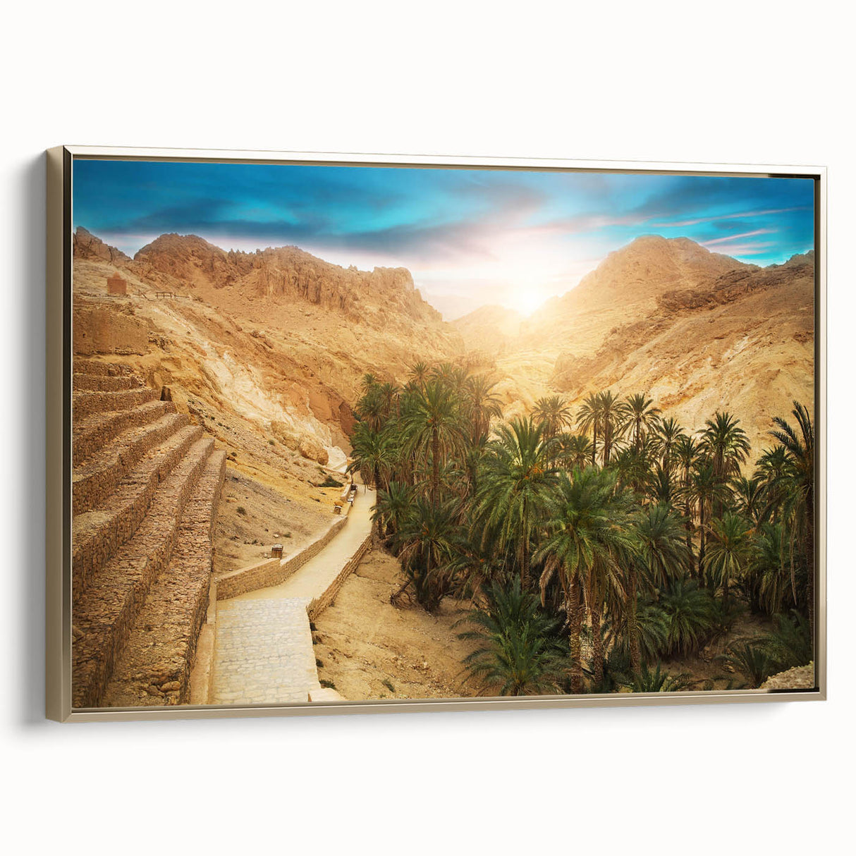 Framed canvas depicting a Tunisian landscape in muted gold and black tones, ideal for bedroom wall art.