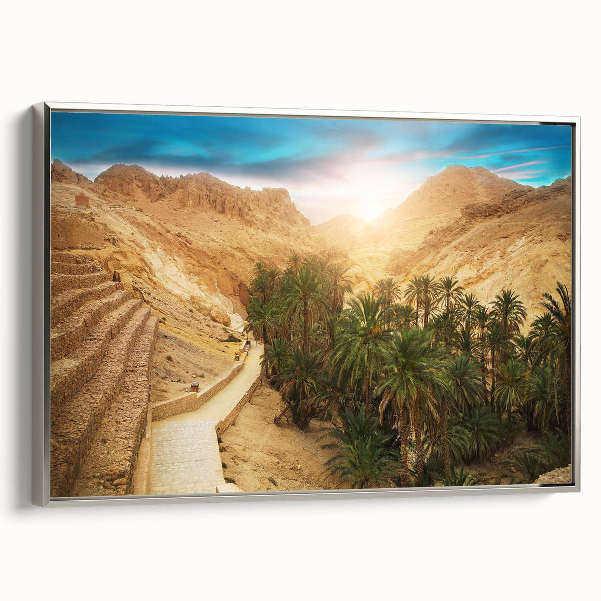 Landscape art painting of Tunisian scenery in vibrant colors on silver-framed canvas, ideal for living room decor.