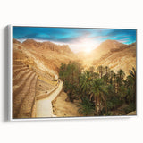 Vintage poster art of a Tunisian landscape on a framed canvas, featuring a colorful palette, ideal for living room decor.