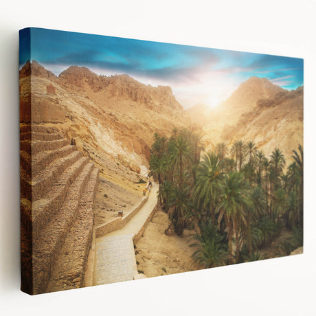 Side view of a stretched canvas depicting a Tunisian landscape in earthy tones, suitable for kitchen wall art.