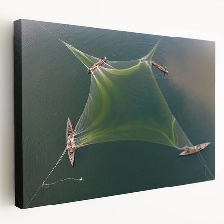 Large canvas print of a serene Bangladesh riverside scene in soft green and blue tones, suitable for kitchen wall art.
