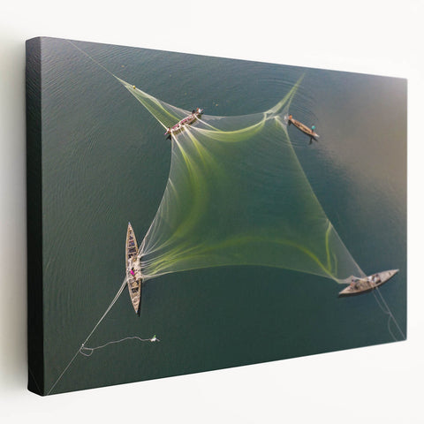 Large canvas print of a serene Bangladesh riverside scene in soft green and blue tones, suitable for kitchen wall art.