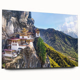 Large abstract wall art of Tibet scenery in muted blue and green hues on acrylic glass.