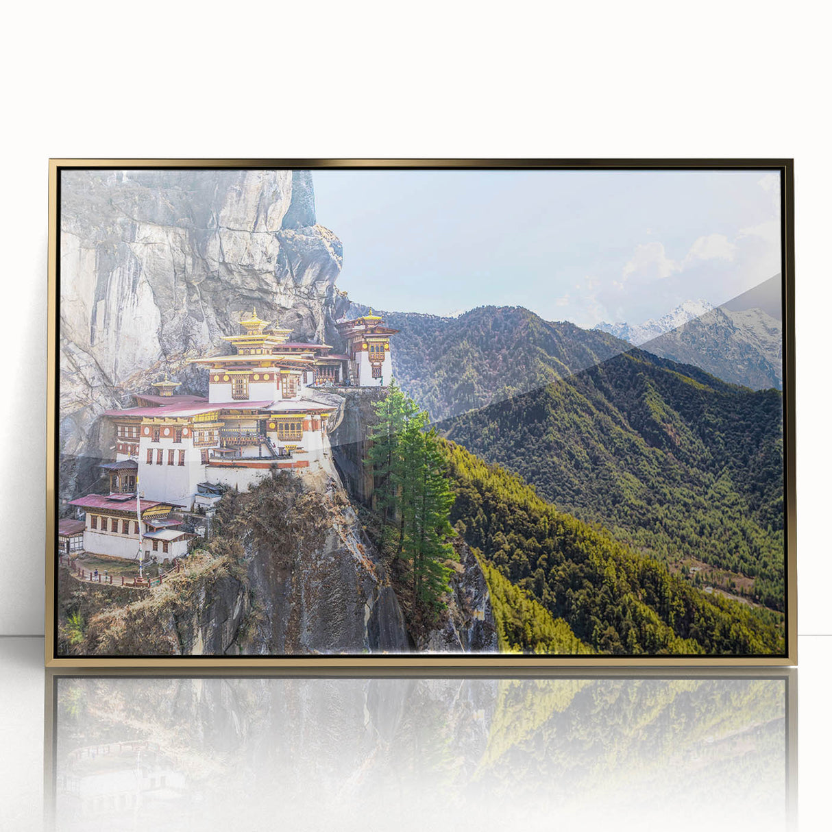 Large art print of a Tibetan landscape in muted gold tones, framed in acrylic, ideal for modern art wall decor.