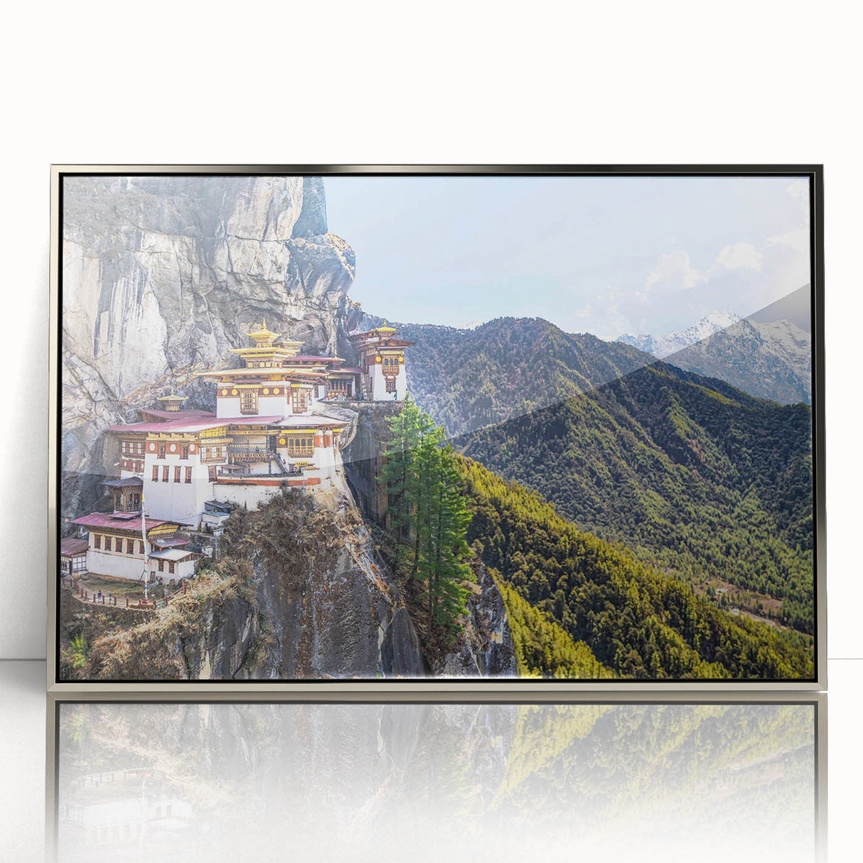Mid-century modernist art of Tibet scenery in silver framed acrylic, ideal for nursery wall decor.