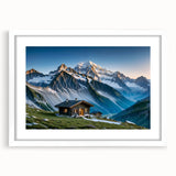 Abstract art print featuring a vibrant mix of blues and greens, framed in white, ideal for dining room or bedroom decor.