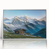 Art deco poster of a Georgia landscape in muted green and blue tones, acrylic print framed in white.