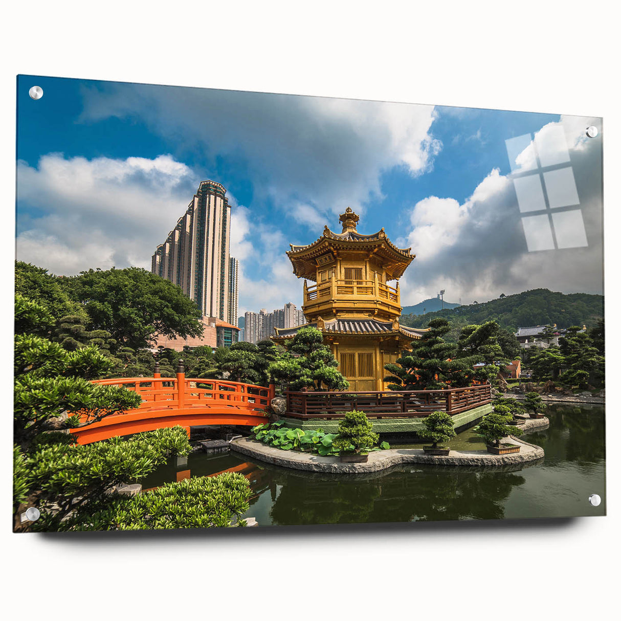 Acrylic print of Hong Kong skyline with vibrant twilight hues, ideal for modern bedroom or dining room decor.