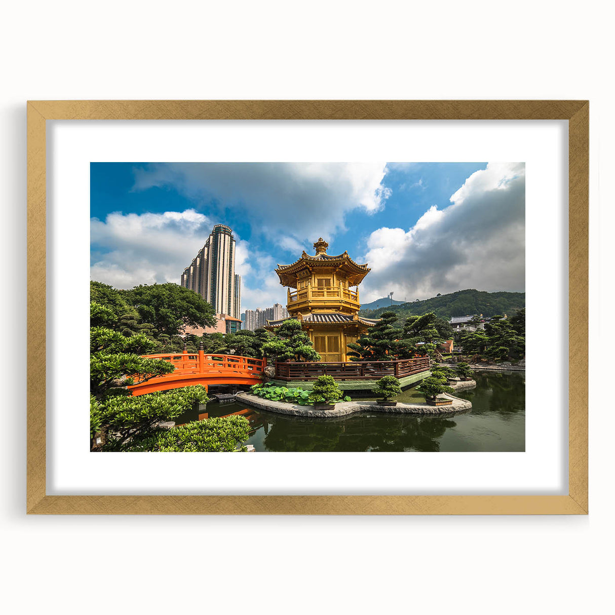 Extra large abstract art print of Hong Kong scenery, with textured layers in gray and gold, framed with a gold mat.