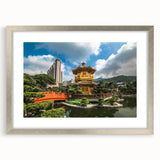 Textured art depicting an abstract Hong Kong skyline in muted gray and blue tones, framed in silver.