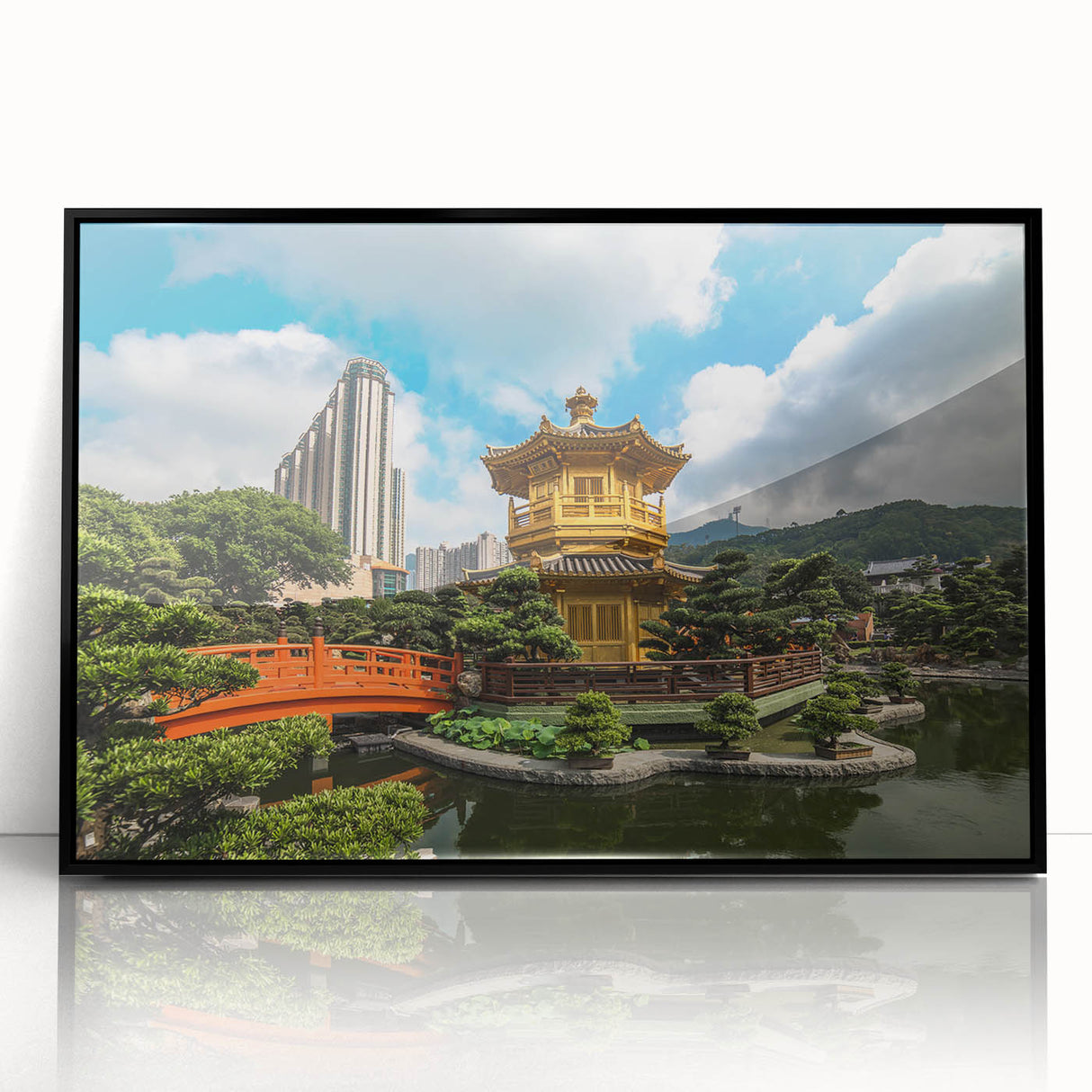 Framed acrylic print of large abstract wall art depicting the Hong Kong skyline in muted gray and blue tones.