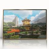 Acrylic print of Hong Kong skyline in gold tones, framed, ideal for modern art wall decor.