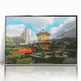 Mid-century modernist art depicting Hong Kong skyline in muted silver tones on a framed acrylic print.