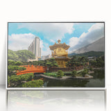 Hong Kong skyline in art deco style, framed acrylic print with muted blue and gray tones, ideal for modern art wall decor.