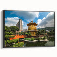 Framed canvas featuring a black and white vintage poster art of Hong Kong landscape, ideal for bedroom wall decor.