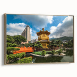 Framed canvas of a vintage Hong Kong landscape in black and gold tones, ideal for bedroom wall art.